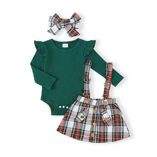 SODLON Newborn Baby Girl Clothes Dress Infant Overall Skirt Outfits 0-18M | Girls Winter Fall Dresses, Thanksgiving Christmas Photo Outfit, Ruffle Romper Suspender Skirt Set, Baby Stuff Holiday Gifts