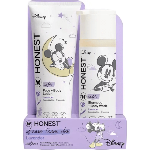 The Honest Company 2-in-1 Cleansing Shampoo and Body Wash Face Lotion Bundle Disney Design Gentle Enough for Baby Dermatologist Tested Calm Lavender 18.5 fl oz
