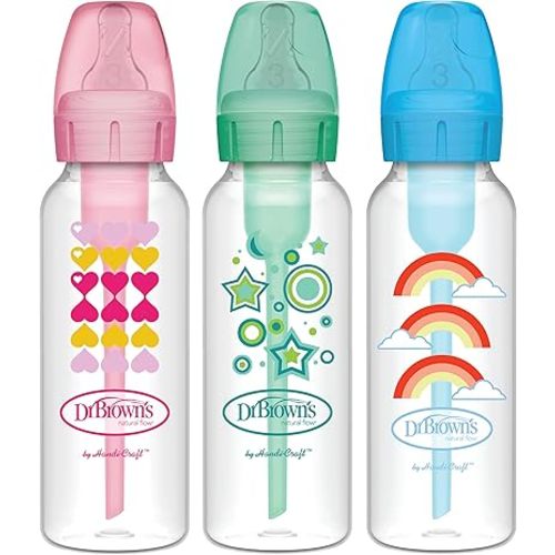 Dr. Brown’s Natural Flow® Anti-Colic Options+™ Narrow Sippy Bottle Starter Kit, 8oz/250mL, with Level 3 Medium-Fast Flow Nipple and 100% Silicone Soft Sippy Spout, 3 Pack, Green, Blue, & Pink, 6m+
