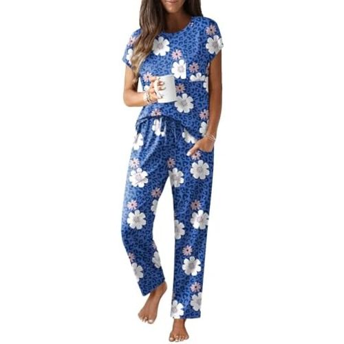 Ekouaer Womens Pajama Sets Cap Sleeve Sleepwear Tops and Long Pants Comfy Pjs 2 Piece Lounge Set with Pockets S-XXL
