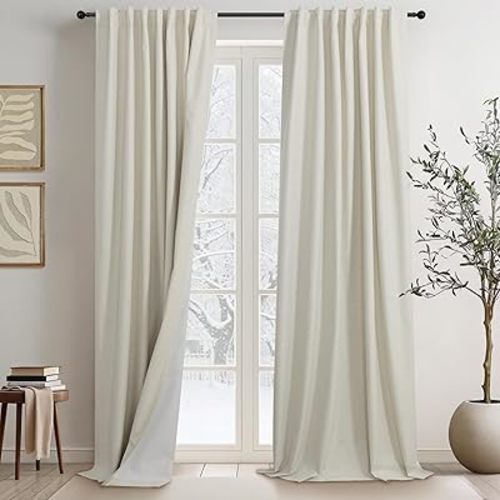 Country Farmhouse Style 94 Inch Curtains for Living Room Drape Back Tab Beige Linen Blackout Earthy Curtain Noise Reduction Light Blocking Cooling Window Treatment 2 Panel Burg Sunroom Bedroom 94 Long