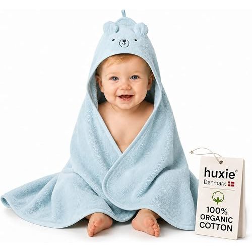 Hooded Baby Towel – 100% Organic Cotton Baby Bath Towels – Baby Boy Newborn Essentials - Super-Soft and Absorbent. (Bear - Baby Blue)