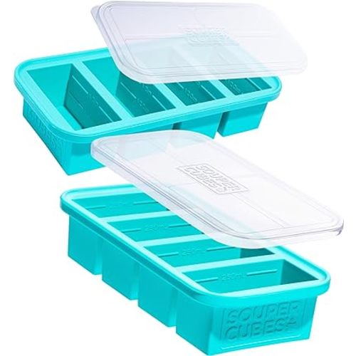 Souper Cubes 250mL/1 Cup Silicone Freezer Tray with Lids, Perfect for Storing Broth, Leftovers, Rice, Sauce and More, Silicone Soup Freezer Molds for Meal Prepping - Aqua - 2-Pack