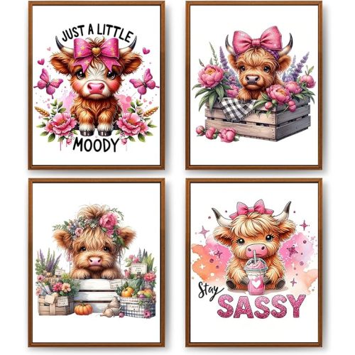 Qykwz Coquette Pink Bow Highland Cow Wall Art Prints, Farmhouse Floral Cute Baby Cow Heifer Posters Pictures Wall Decor for Girls Bedroom Room Nursery, 8x10 Unframed Set of 4