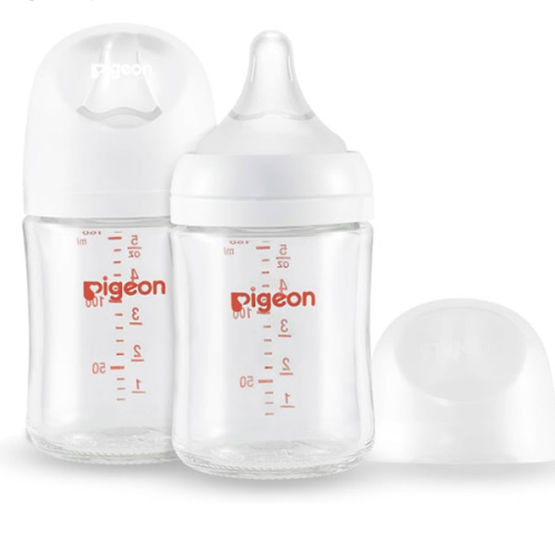 Pigeon Glass Nursing Bottle Wide Neck, Anti-Colic, Streamlined Body, Natural Feel, Easy to Clean, Heat-Resistant, 5.4 Oz(Pack of 2), Includes 2pcs SS Nipples (0m+)