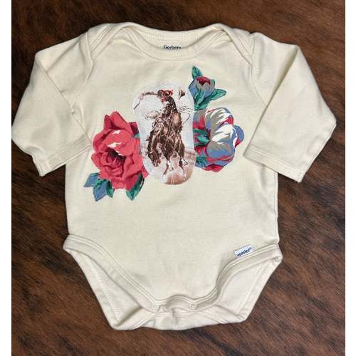 Vintage Bronc and Roses on Long Sleeve Cream Onesie, Size 0-3 mons.
