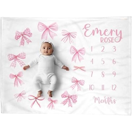Milestone Blanket Month Baby Girl, Pink Bow Milestone Blanket, Personalized Baby Girl Month Blankets, Custom, Demure Coquette Aesthetic, Gift for New Mom, Babys Girl Milestone