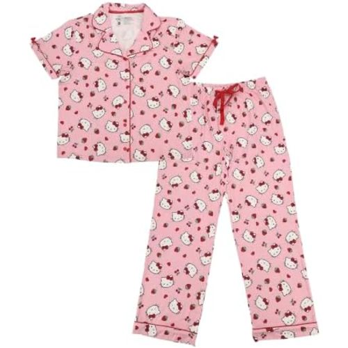 Bioworld Hello Kitty Heads with Strawberries Women's Pink Pajama Set