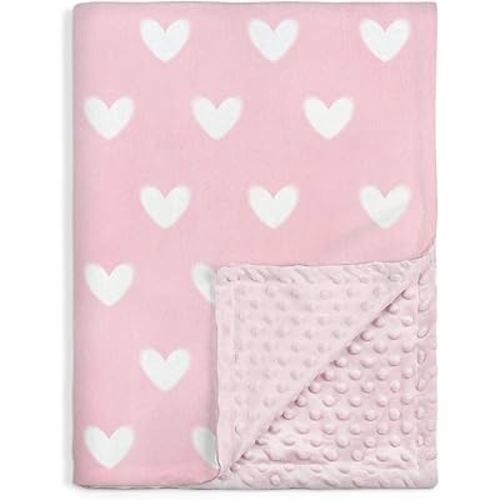 Heart Minky Baby Blanket 30 x 40 Inches for Girls, Soft Plush Receiving Blanket with Dotted Back, Gift for Toddler Newborn Infant Christmas Birthday Baby Shower
