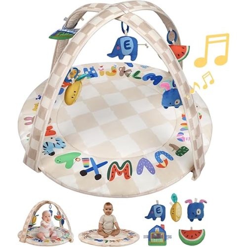 Baby Play Gym & Activity Mat with Light-up Musical Arch, Tummy Time Mat with 6 Detachable Sensory Toys for Motor Skills & Sensory Development, Baby Essentials Shower Gift - ABC123