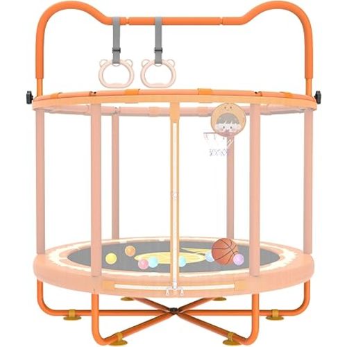 Gardenature 60" Kids Trampoline Indoor, 5ft Toddler Mini Trampoline with Basketball Hoop, Gymnastics Bar, Rings, Christmas Toys Birthday Gifts for Girls Boys Age 3-8