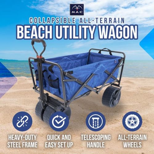 Mac Sports Heavy Duty Steel Frame Collapsible Folding 150lbs. Capacity Outdoor Beach Garden Utility Wagon Cart with All Terrain Wheels - Blue/Black