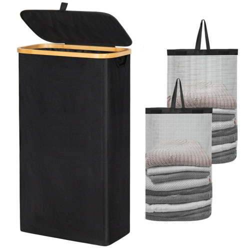 BGTREND Slim Laundry Hamper with Lid 75L Foldable Clothes Basket with 2 Removable Mesh Bags & Bamboo Handle for Closet Bathroom Bedroom (27.5 inches, Black)