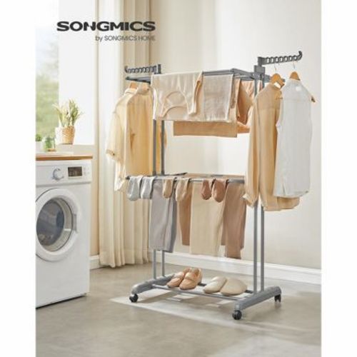 3-Tier Foldable Laundry Drying Rack, 58.3-Inch Tall with Wheels, 55lb Capacity, Rolling Clothes Horses, Indoor Outdoor Use, Dove Gray