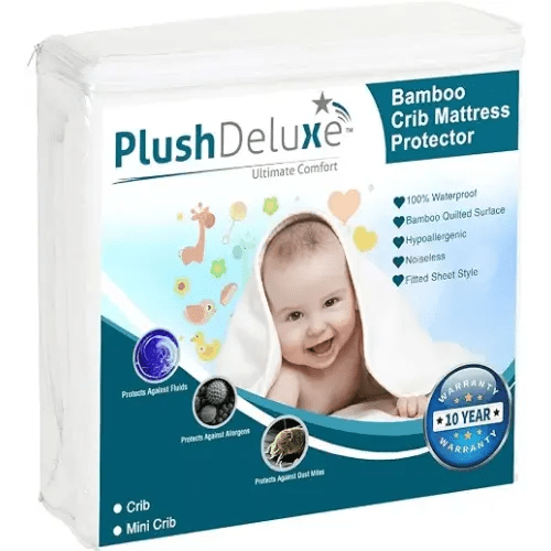 PlushDeluxe Pack and Play Mattress Protector, 39”x27”, Waterproof Playard Pack N Play Mini Crib Cover, Soft Viscose Made from Bamboo with Quilted Terry Cotton Top, Noiseless White Fitted Sheet Style