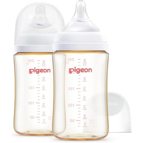Pigeon PPSU Nursing Baby Bottle Wide Neck, Anti-Colic, Streamlined Body, Natural Feel, Easy to Clean, 8.1 Oz(Pack of 2), Includes 2pcs M Nipples (3m+)