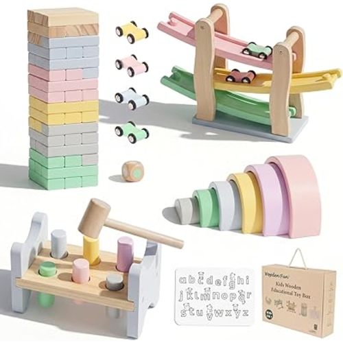 Montessori Kids Toys Play Kit, Wooden Toys Set with Tumbling Stacking Blocks, Track Racer, Silicone Alphabet Mat, Rainbow Stacker & Pounding Toy - Christmas Birthday Gift for Toddlers 1-3