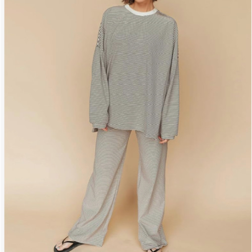 Ardrem Women Striped 2 Piece Lounge Set Long Sleeve Oversized T Shirts Wide Leg Pants Matching Sets Casual Comfy Pajama Sets