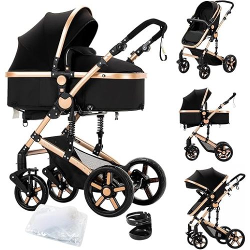 2 in 1 Baby Stroller with Bassinet Reversible Portable Standard Baby Stroller Convertible Pushchair Infant Buggy Baby Carriage Foldable High Landscape Pram for Toddler Newborn (2US588-BG 2 in 1)