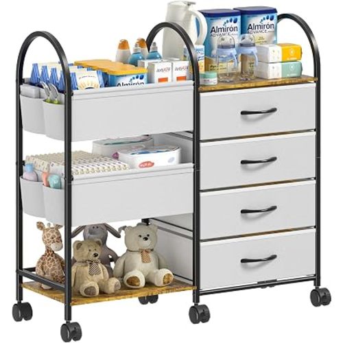 Baby Organizer and Storage Cart, 4-Tier Rolling Utility Cart with Wheels, Dividers and Drawers, Easy to Assemble for Nursery, Bedroom & Changing Table, White