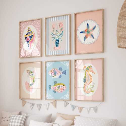 Coastal Girl Nursery Prints Set of 6, Seashell Lobster Starfish Seahorse Wall Art, Pink Ocean Playroom Decor Printable