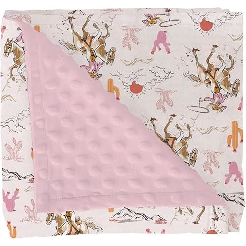 Cute Pink Cowgirl Baby Blankets for Girl Western Cowgirls Horse Cactus Mountain Sunset Soft Mink Dotted Backing Double Layer Swaddle Blanket Wild West Desert Bed Throws for Newborn Toddler Crib 30x40
