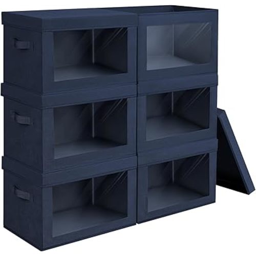 Clothes Organizers and Storage - 6 Pack Large Storage Box with Lids, Fabric Storage Bins with Lids, Room Storage and Organization Bedroom for Clothes, Books, CD, Navy Blue