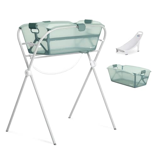 Evolur Supple Baby Spa Set with Infant Bathtub, Hammock Support Seat & Metal Frame, Newborn Tub for 0–12 Months, Complete Baby Care Essentials Gift Set for New Parents, Green