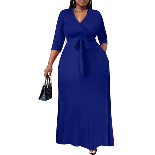 Nmoder Plus Size Maxi Dresses for Curvy Women -Summer Casual Long Fit Dress | Semi Formal, 3/4 Sleeve V-Neck Flowy Dress, With Pockets And Belt, XL- 6XL