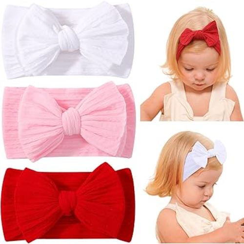 jollybows 3PCS Baby Bows Headbands Soft Nylon Baby Girl Headbands for Newborn Infant Toddler Kids Cute Bow Wide Hairbands Hair Accessories(White+Red+Light Pink)