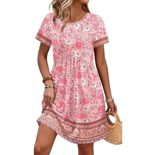 OFEEFAN Spring Dresses for Women 2026 Short Sleeve Crew Neck Casual Dresses Empire Waist Maternity Dress with Pockets