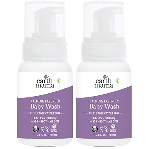 Earth Mama Calming Lavender Baby Wash Liquid Foaming Hand Soap, Organic All-Purpose Lavender Body Wash for Sensitive Skin, Castile Soap with Coconut Oil, Shea Butter, Calendula, & Aloe, 5.3Fl Oz (2PK)