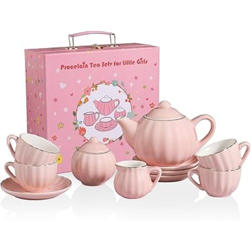 Sweejar Porcelain Tea Set for Little Girls,Kitchen Toys Tea Party Set for Kids Toddler Kitchen Pretend Toy Include Children Teapot, Cup & Saucer Set of 4, Sugar Bowl and Cream Pitcher(Pink)