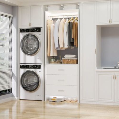 Besiost 24-In Closet Organizer System with Wooden Drawers, Freestanding Wardrobe with Hanging Rod - White