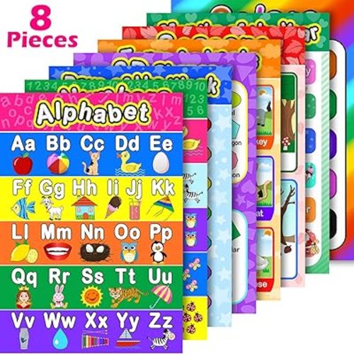 Blulu 8 Educational Preschool Poster for Toddler and Kid Learning with 60 Glue Point Dot for Nursery Preschool Homeschool Kindergarten Classroom Teach Number Alphabet Color Month and More 16 x 11 Inch