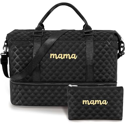 Mama Hospital Bag for Women Labor Delivery Travel Duffle Bag with Shoe Compartment and Toiletry Pouch Waterproof Letter Embroidered for Pregnancy Weekender Overnight Gym Gift, Black