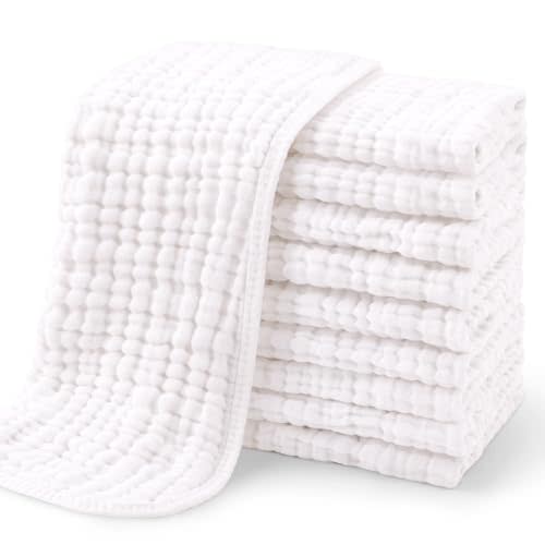 Yoofoss Muslin Burp Cloths for Baby 10 Pack 100% Organic Cotton Baby Washcloths for Boys Girls Large 20''X10'' Super Soft and Absorbent White
