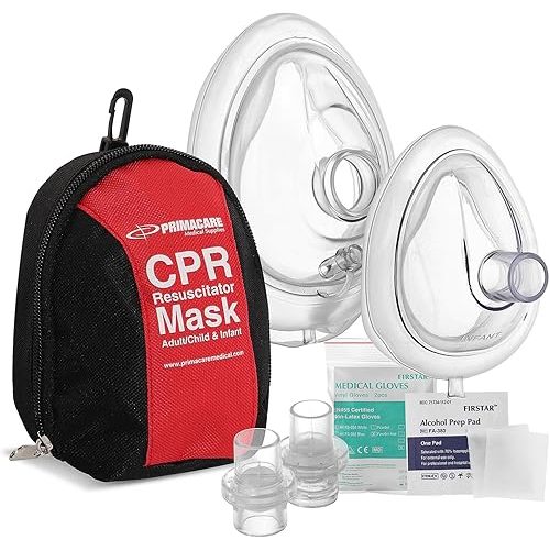 Primacare RS-6848 First Aid CPR Mask Combo Kit for Adult and Infant – Emergency Resuscitator Set with 2 Valves, Vinyl Gloves, Alcohol Prep Pads & Carrying Case Included