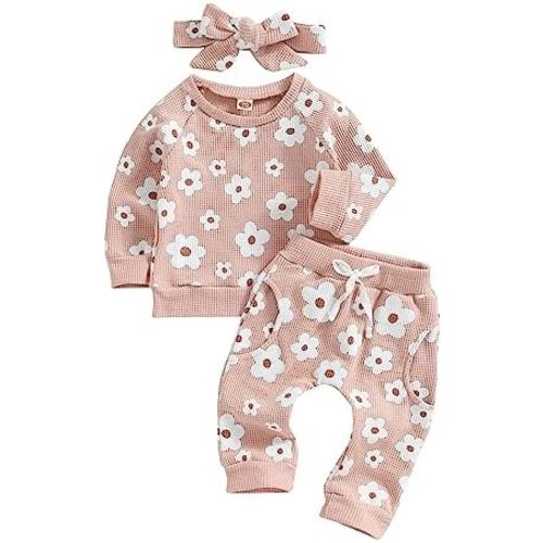 Hnyenmcko Newborn Baby Girl Clothes Waffle Long Sleeve Floral Sweatshirt Shirt Top + Pants Infant Fall Winter Outfits Set