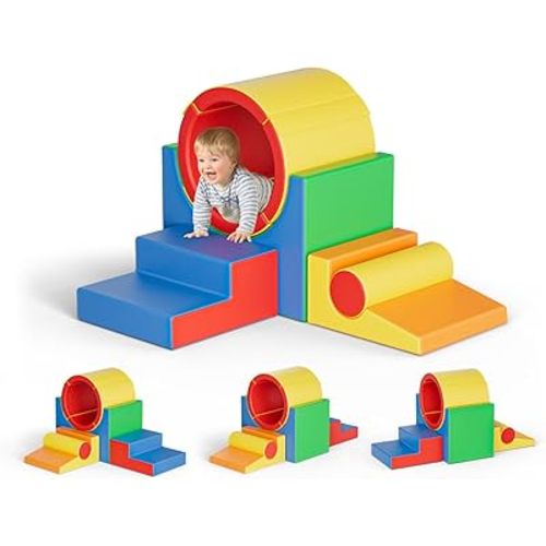 Lischwert Foam Climbing Blocks for Toddlers 1-3, 5pcs Soft Play Set with Tunnel Crawling Exploration Toys - Indoor Infant Safe Blocks for Baby Gym & Toddler Playground - Colorful