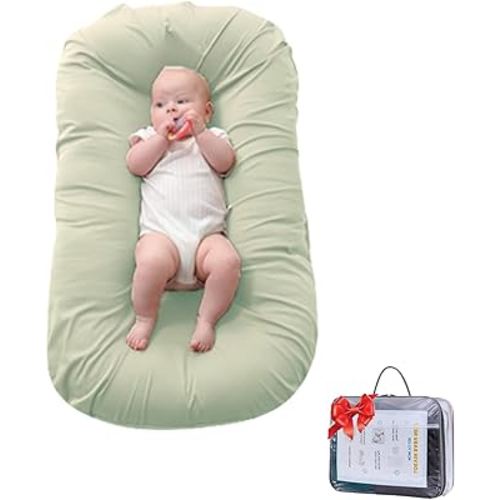 Loevin Baby Lounger, Infant Lounger for Newborns 0-24 Months, Breathable Cotton Baby Nest for Tummy Time, Diaper Changes & More, Soft Portable Newborn Essentials for Floor & Bassinet(Green)