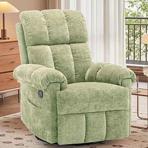 Recliner Chair, Swivel Rocker Recliner Chair for Adults, Small Recliners for Small Spaces, Upholstered Manual Recliner with Side Pockets, Nursery Rocking Chair for Living Room, Chenille, Green