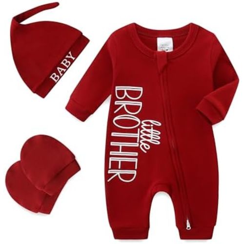 Babymine Baby Boy Clothes Little Brother Newborn Outfit 0-3 Months Coming Home Romper with Mittens and Hat