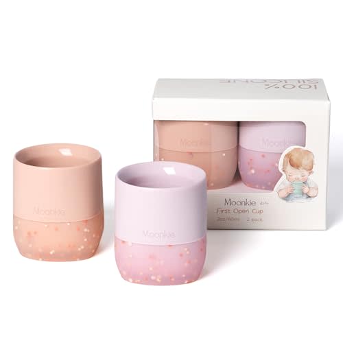 Moonkie Silicone Baby Cups 4 Months+ | Tiny Open Training Cups for Infants with Confetti Sprinkles | Baby-Led Weaning Essential | 2 oz (Blush/Soft Lilac, 2 Pack)