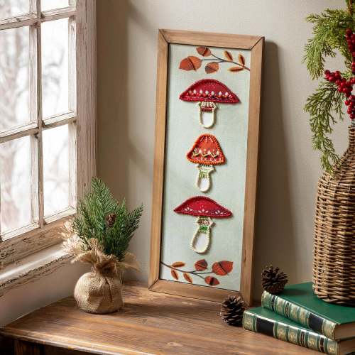 Woodland Storybook Indoor Wall Decor, Textile Beaded Mushroom with Wooden Frame, 8" L x 18" H