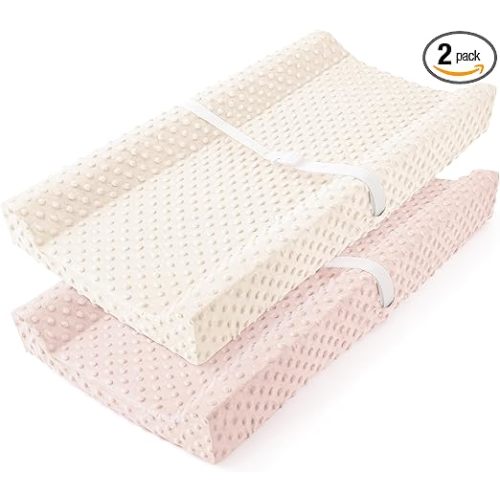 Susurration Baby Changing Pad Cover Super Soft Minky Dots Plush Changing Table Covers 33x17x7in Breathable Changing Pad Sheets 2 Pack for Girls and Boys (Beige&Pink)