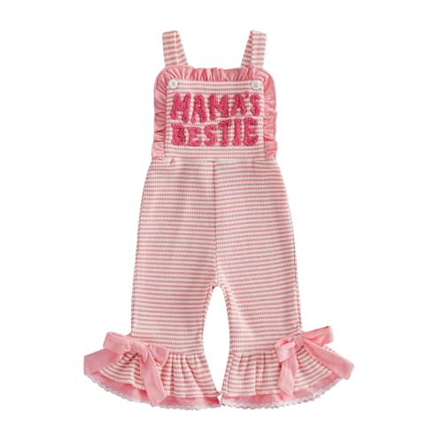 Aunties Bestie Baby Clothes Girl Sleeveless Bell Bottom Romper | Waffle Knit, Striped, Mama's Bestie, Auntie's Bestie, Jumpsuit, Overalls, Flared Pants, Spring, Summer, Fall, Winter, Toddler