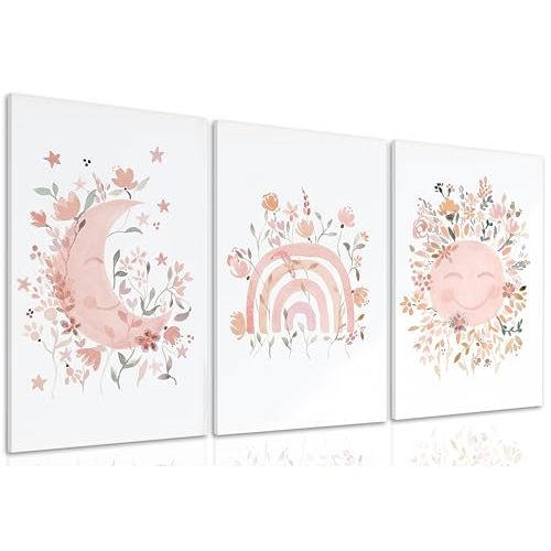 3PcsFramed Wildflower Nursery Canvas Wall Art Bohemian Sun and Moon Poster Prints Pink Floral Girl's Room Decorative Painting for Nursery Baby Room Living Room Bedroom Home Decoration