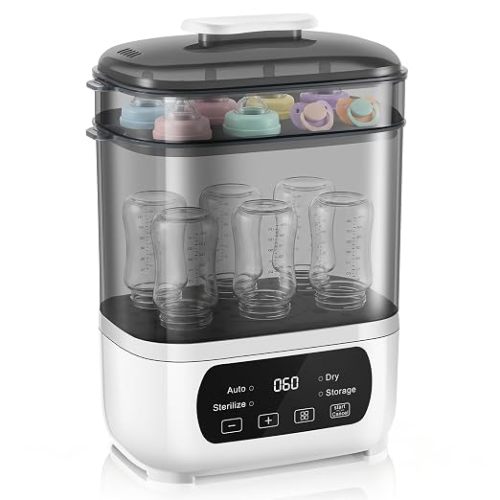 AMZBABYCHEF Baby Bottle Steamer and Dryer, Electric Steamer and Dryer for Baby Bottles, 4-in-1 Bottle Steamer and Dryer, Universal Fit for All Bottles, LED Touch Screen, Auto Shut-Off
