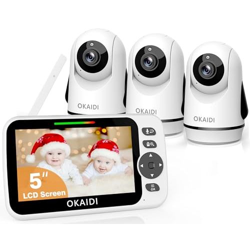 OKAIDI Video Baby Monitor with 3 Cameras, 5" Display Baby Monitor No WiFi, 30H Battery and 1000ft Range, 2-Way Talk, 8 Lullabies, Remote Pan-Tilt-Zoom Baby Camera for Baby/Pet/Elderly